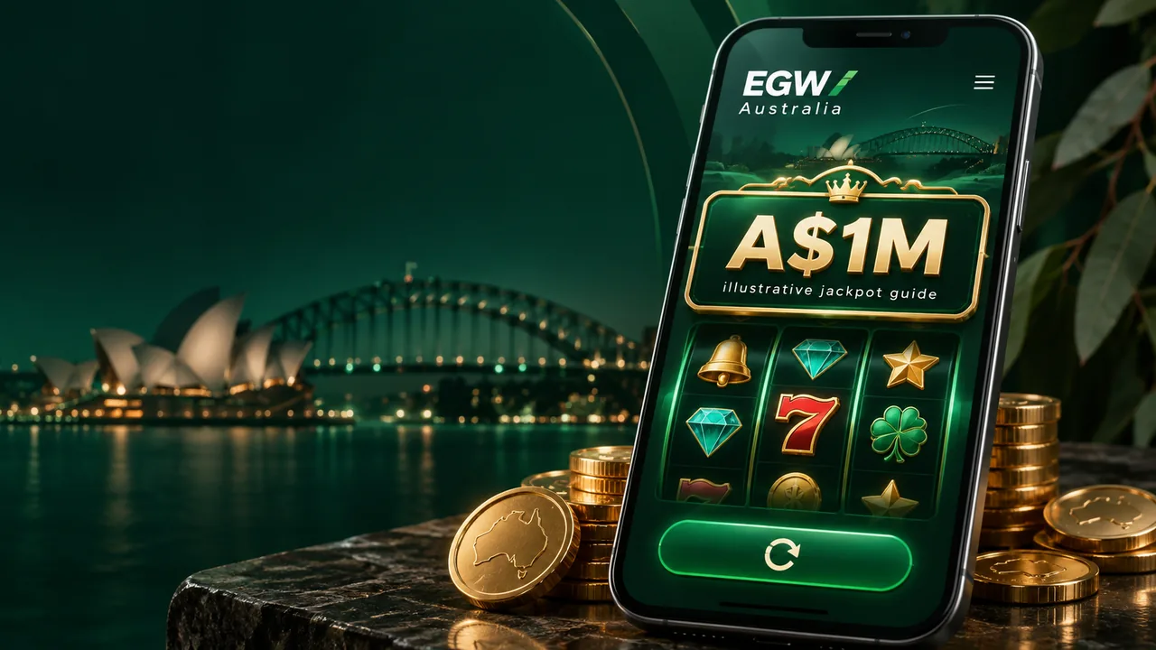 EGW Australia phone slot interface mockup with illustrative A$1M jackpot guide